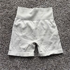 Cream Ribbed High-Waist Biker Shorts